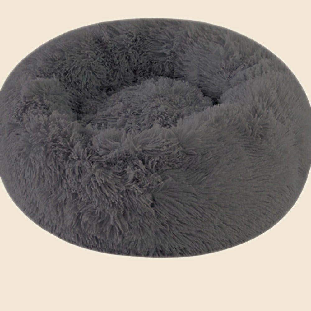 Denwell plush donut pet bed in charcoal, on cream background