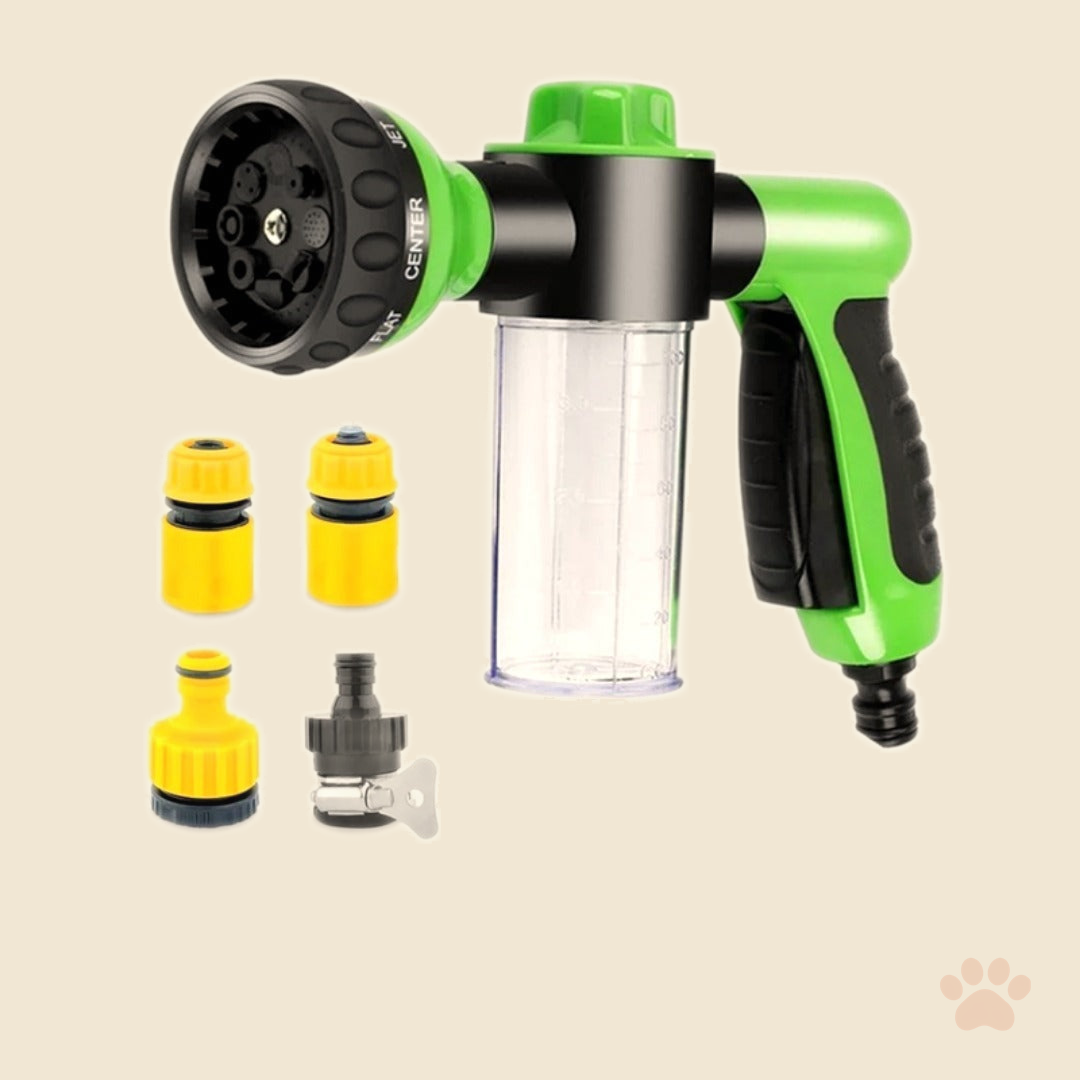 Denwell 8-in-1 Foam Pet Shower Gun Deluxe Kit with included hose connectors, on cream background