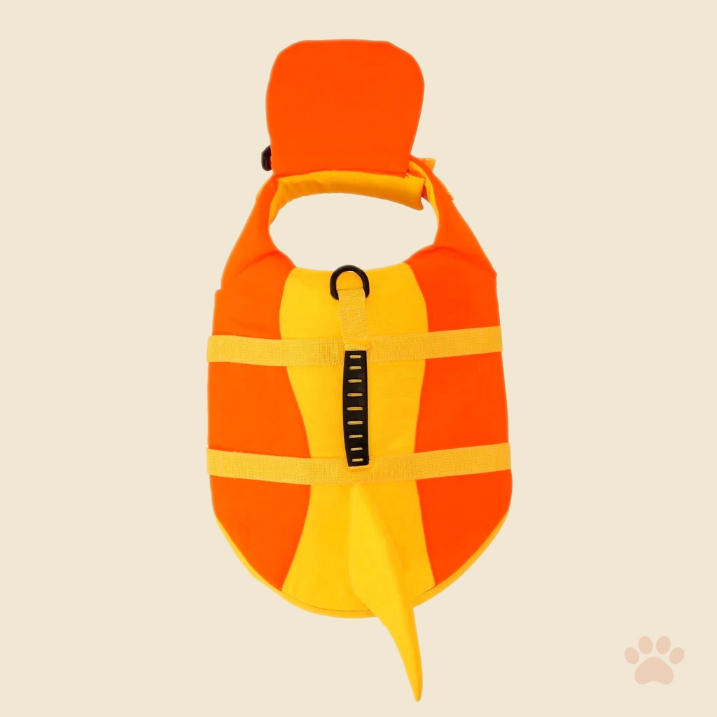 Denwell Pet Swimming Life Jacket - Orange front view, on cream background