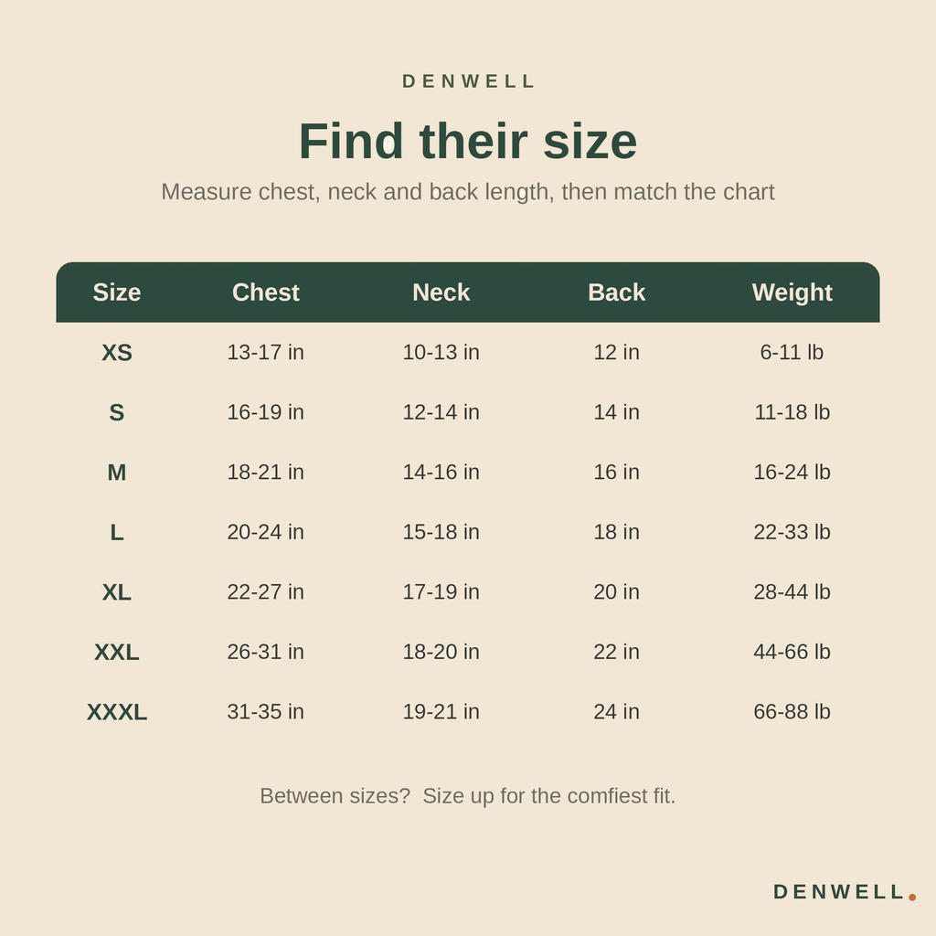 Denwell Calming Anxiety Vest size chart