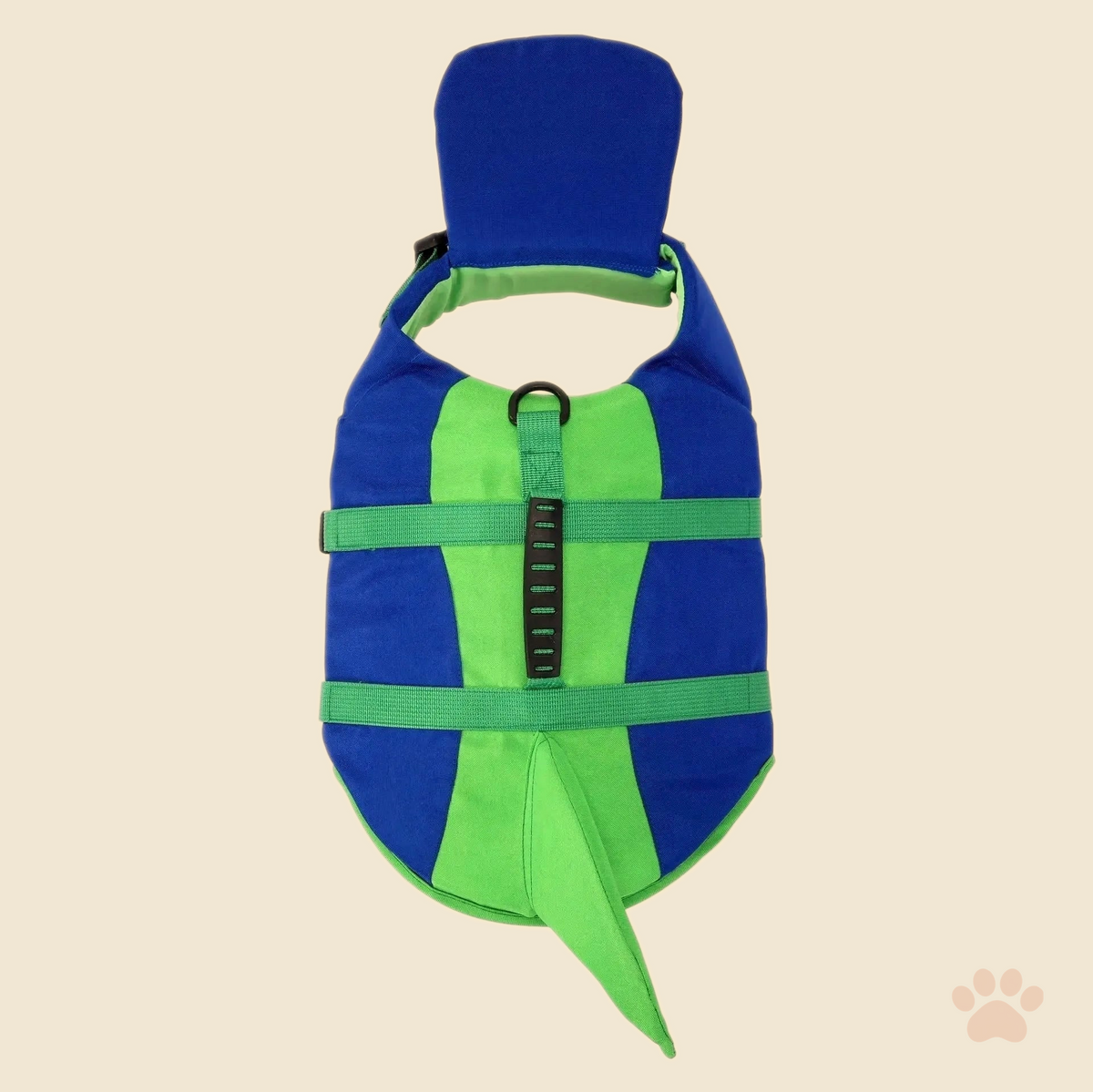 Denwell Pet Swimming Life Jacket - Blue/green back view, on cream background