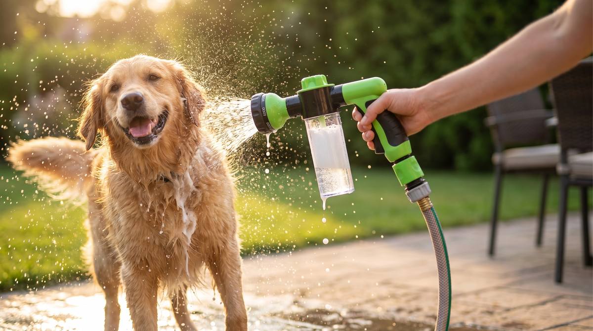 Denwell Foam Shower Gun hero banner - backyard scene