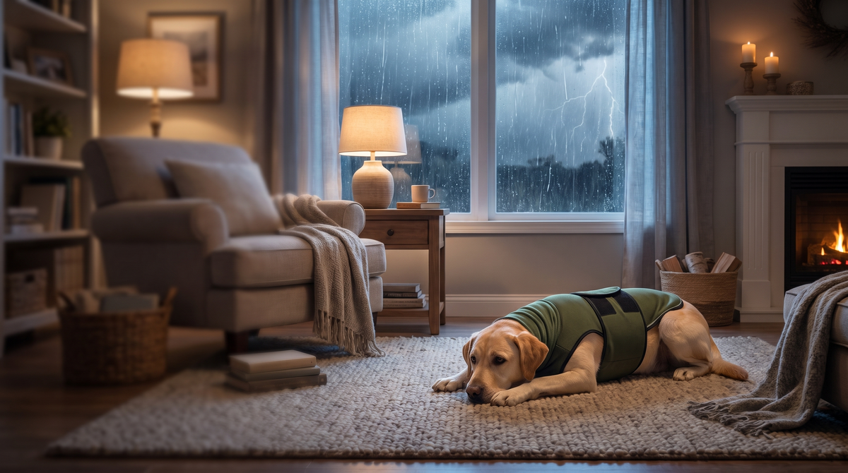 Denwell Calming Anxiety Vest hero banner - storm/living room scene (v2, full-bleed)